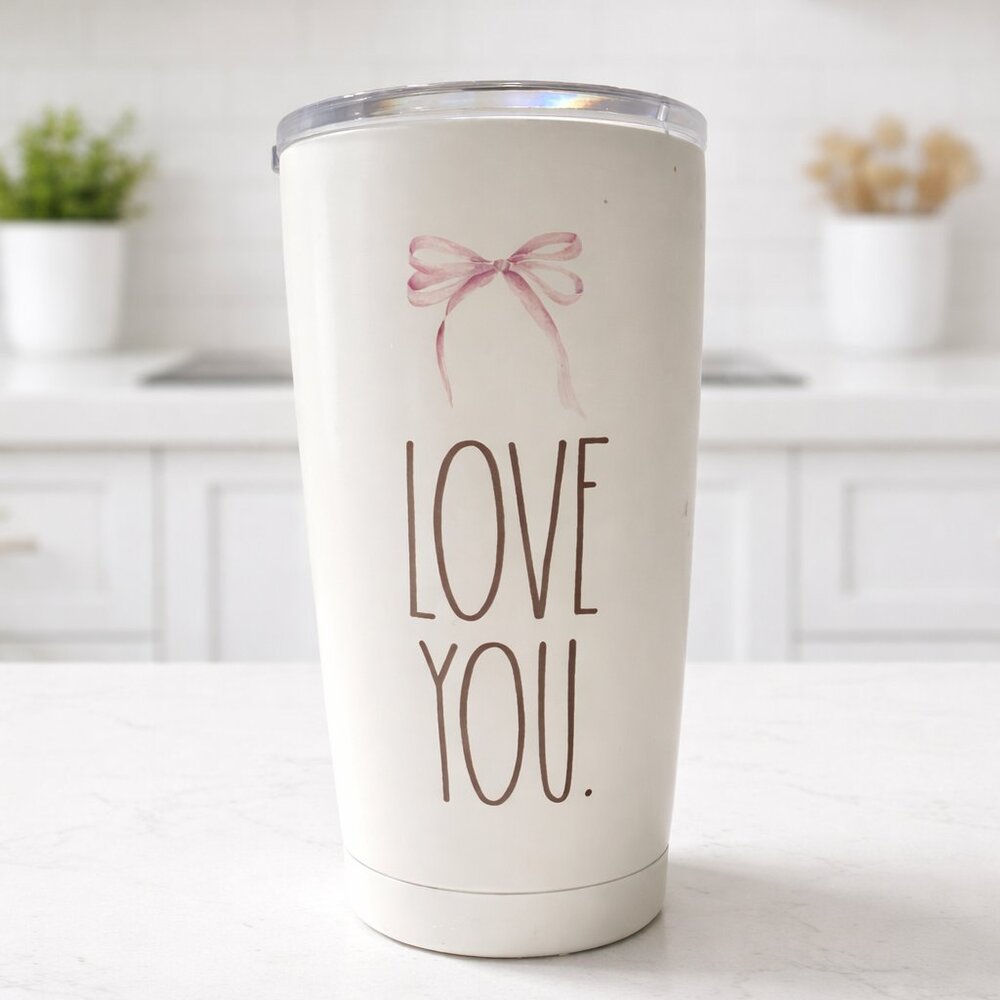Rae Dunn LOVE YOU Tumbler Pink Bow Floral Stainless Steel Insulated Travel Cup